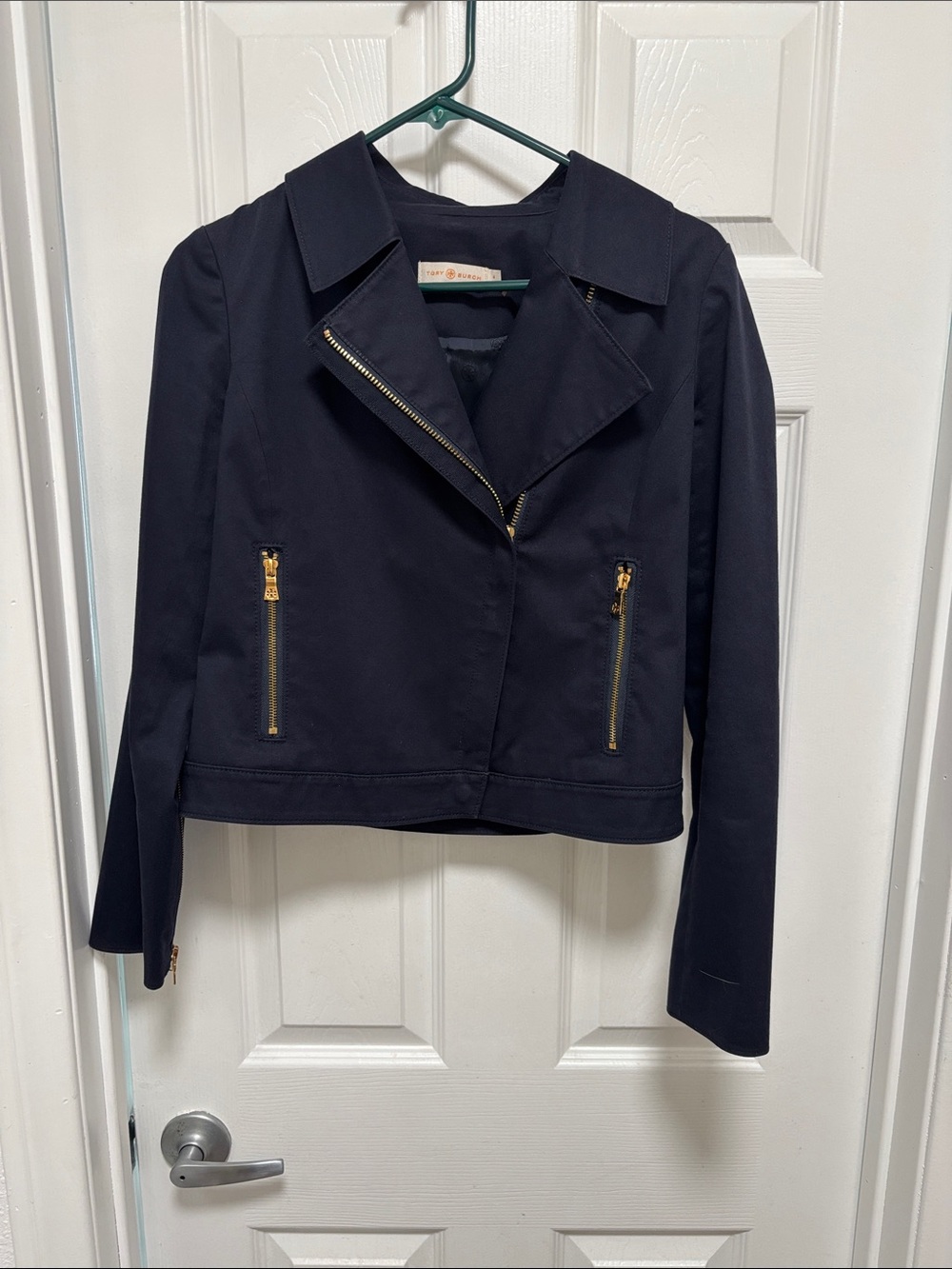 Tory Burch Navy Cropped Moto Jacket with Gold Zippers